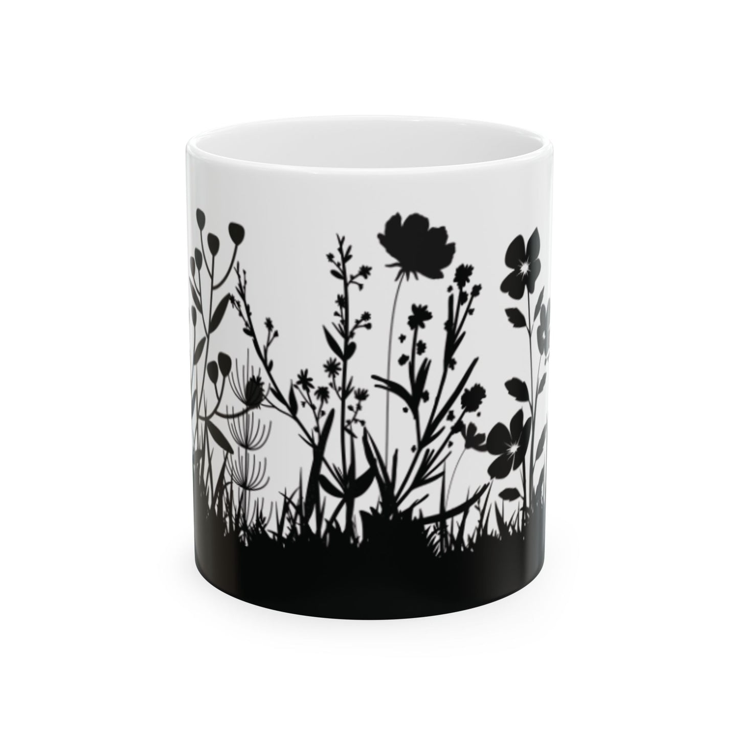 Floral Silhouette Ceramic Mug — Black Wildflower 11oz & 15oz