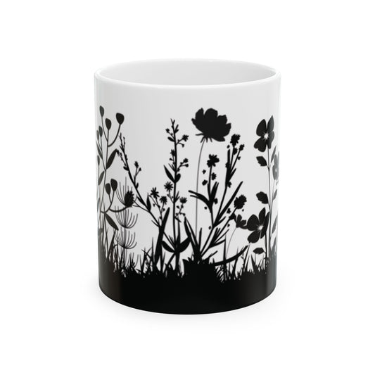 Floral Silhouette Ceramic Mug — Black Wildflower 11oz & 15oz