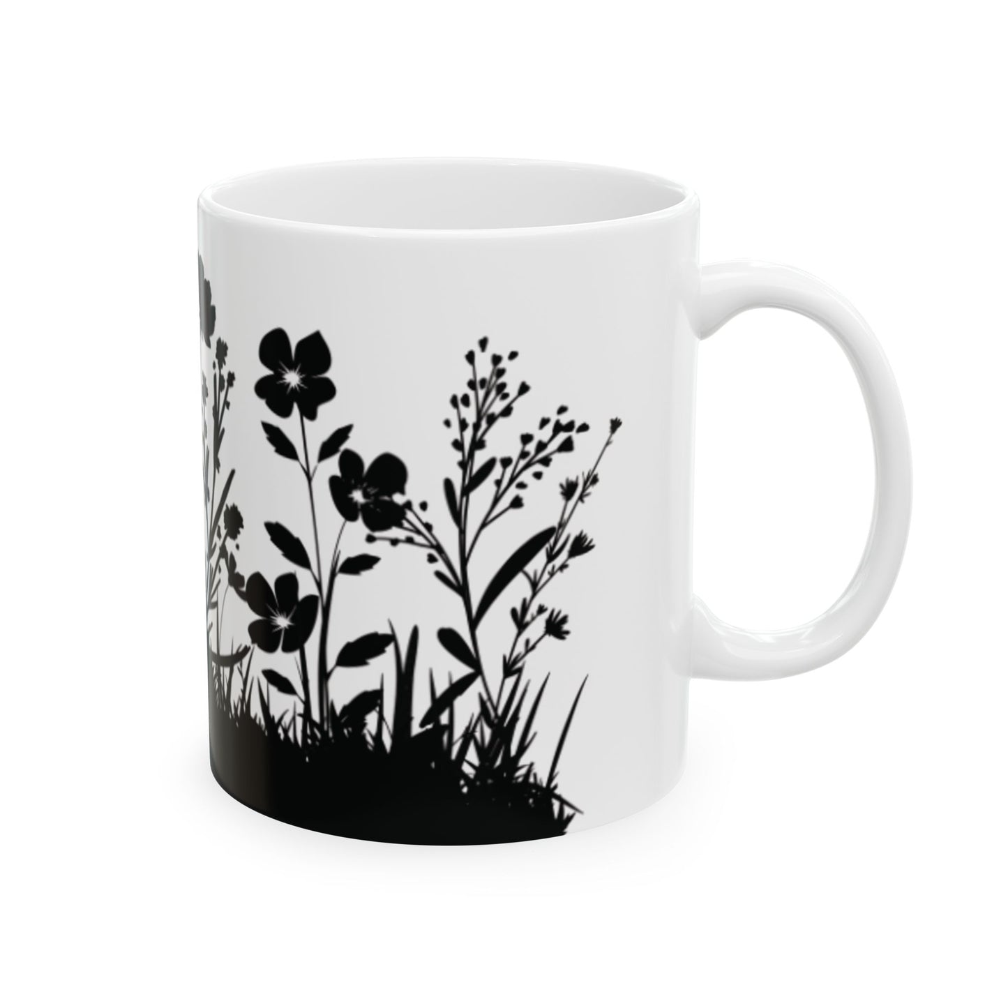 Floral Silhouette Ceramic Mug — Black Wildflower 11oz & 15oz
