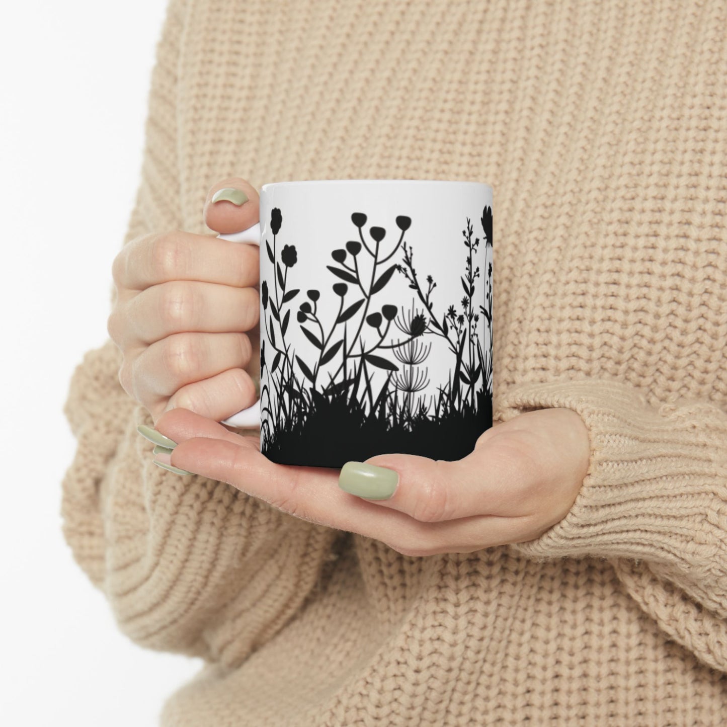 Floral Silhouette Ceramic Mug — Black Wildflower 11oz & 15oz