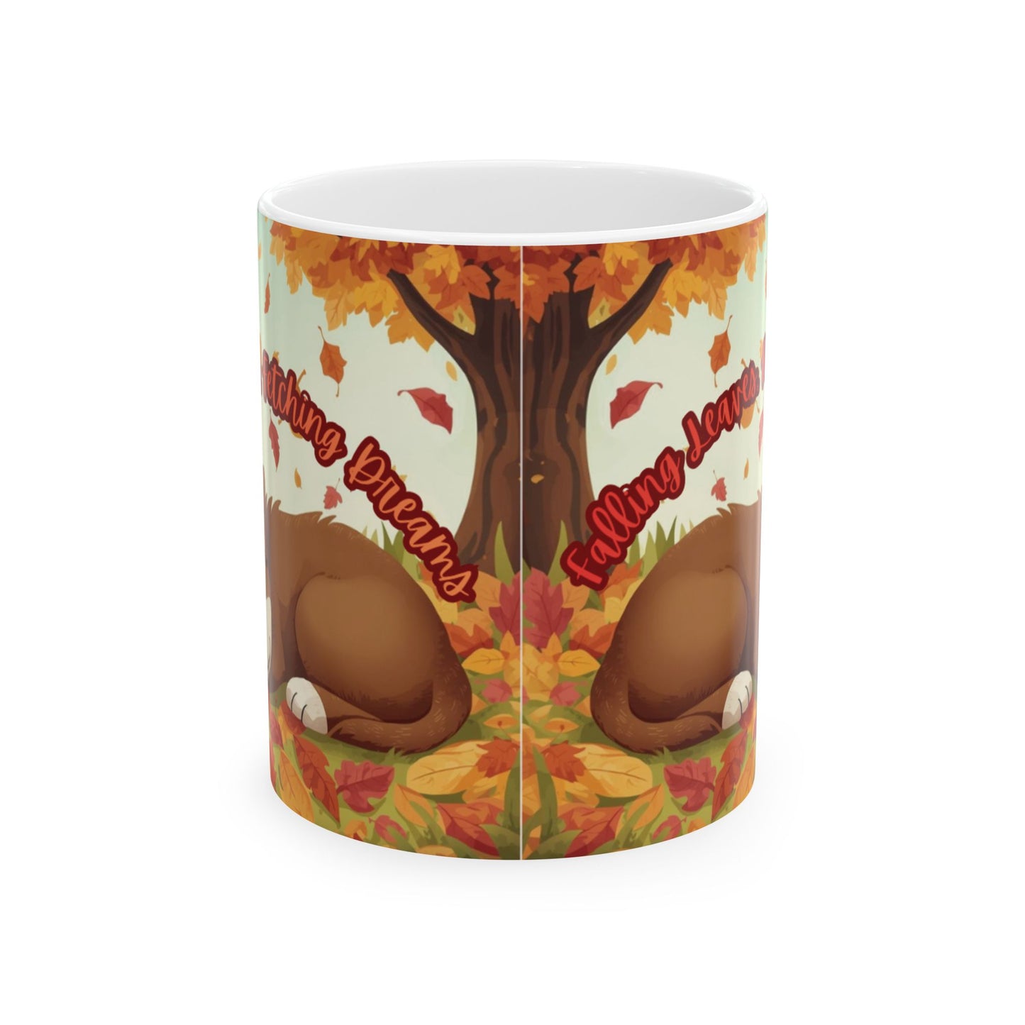 Cozy Autumn Ceramic Mug - Falling Dreams Design, Perfect for Fall Cozy Nights