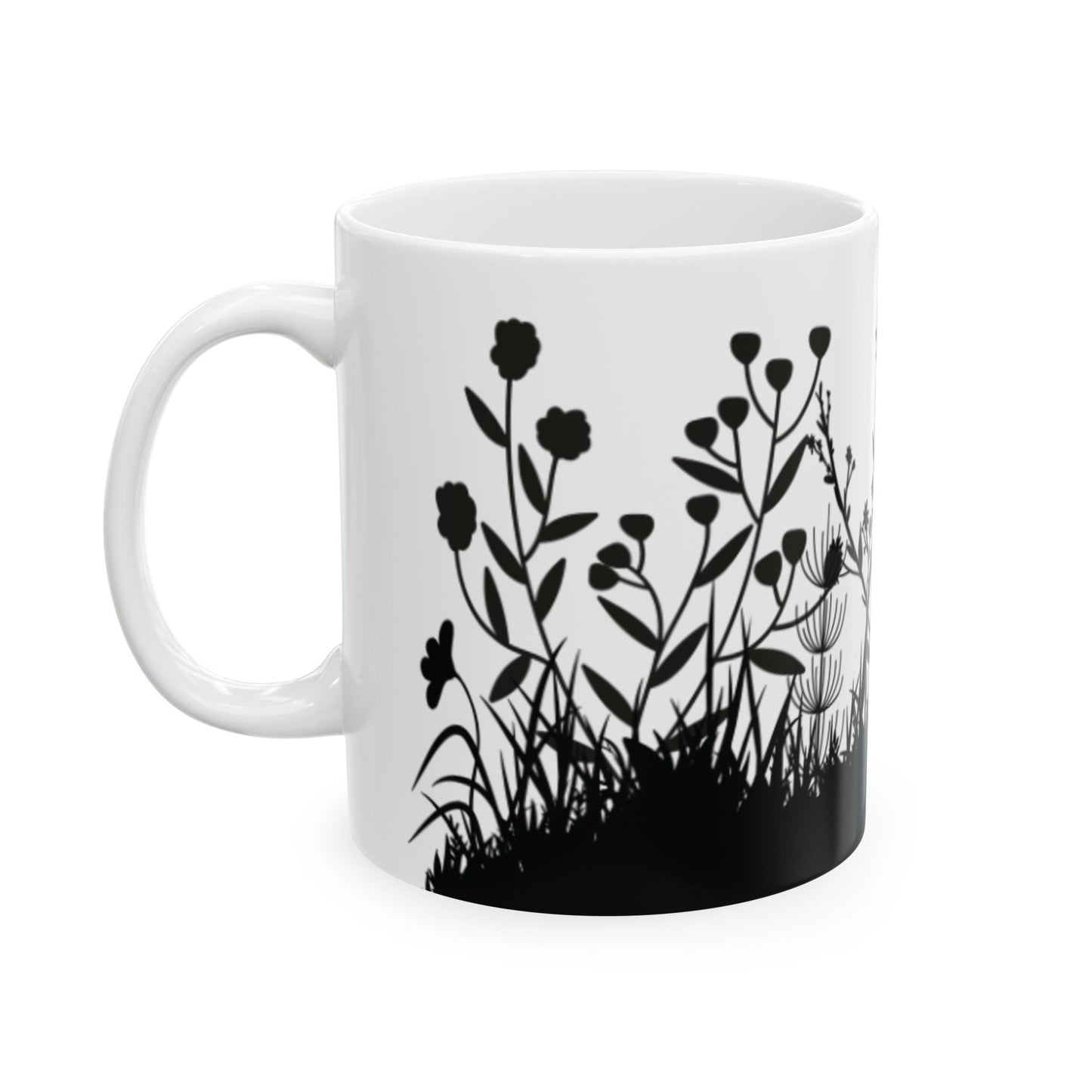 Floral Silhouette Ceramic Mug — Black Wildflower 11oz & 15oz