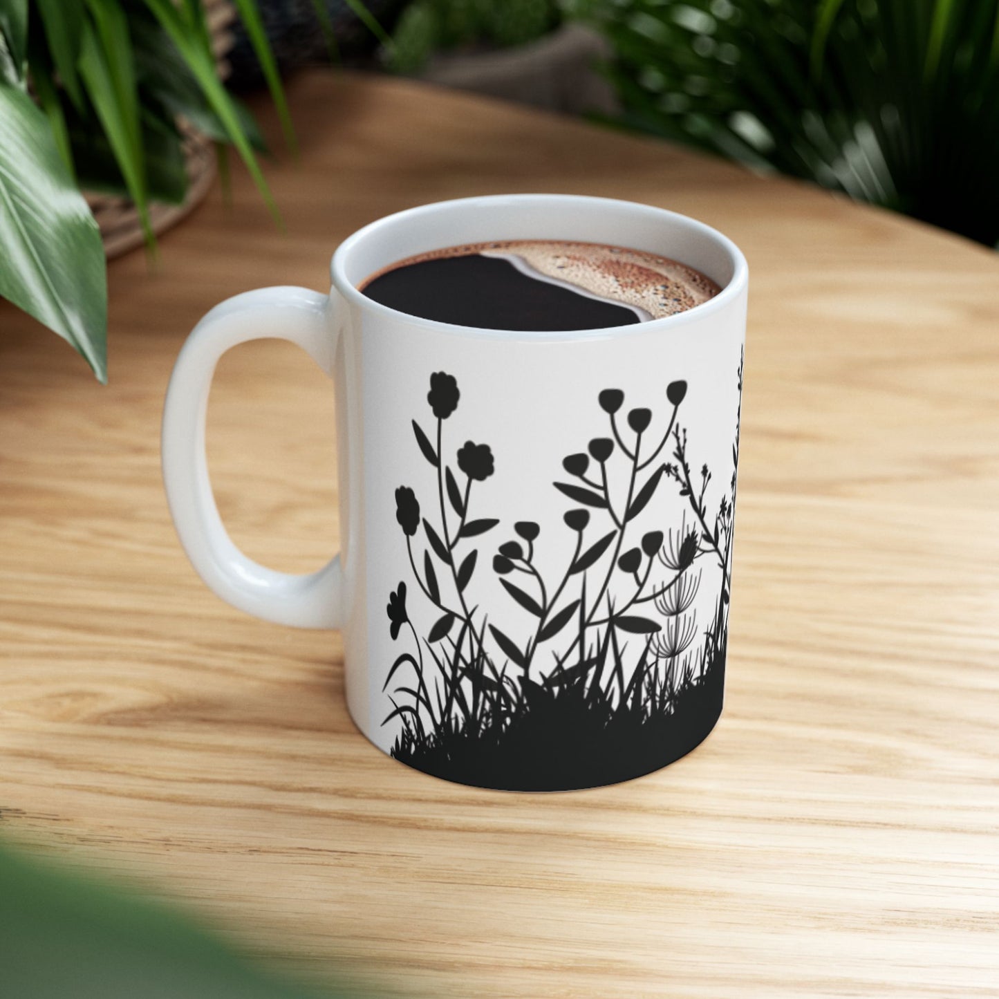 Floral Silhouette Ceramic Mug — Black Wildflower 11oz & 15oz